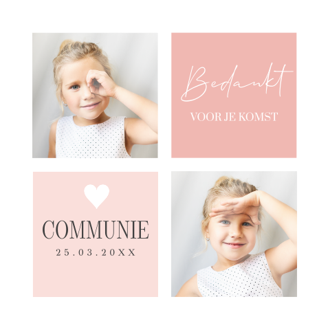 Bedankkaart communie meisje foto roze vakken