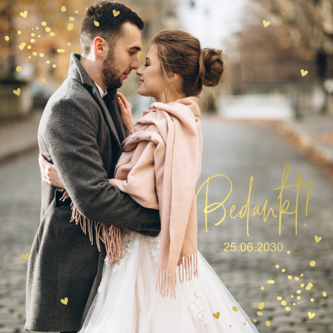 Bedankkaart huwelijk foto confetti goudfolie