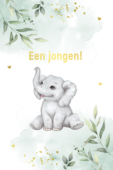 Felicitatie geboorte jongen watercolour olifantje goudfolie