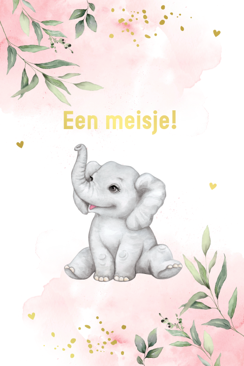 Felicitatie geboorte meisje watercolour olifantje goudfolie
