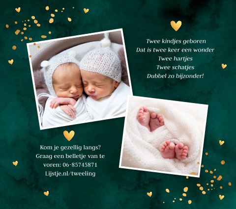 Geboortekaartje tweeling groen confetti hartjes goudlook