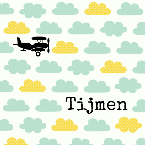 Geboortekaartje jongen wolkjes vliegtuig geel-groen