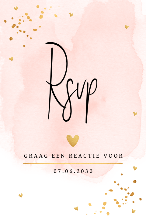 RSVP kaartje huwelijk watercolour roze confetti goudlook