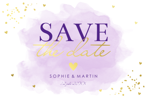 Save the Date kaart paars confetti goudfolie