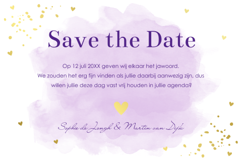 Save the Date kaart paars confetti goudfolie
