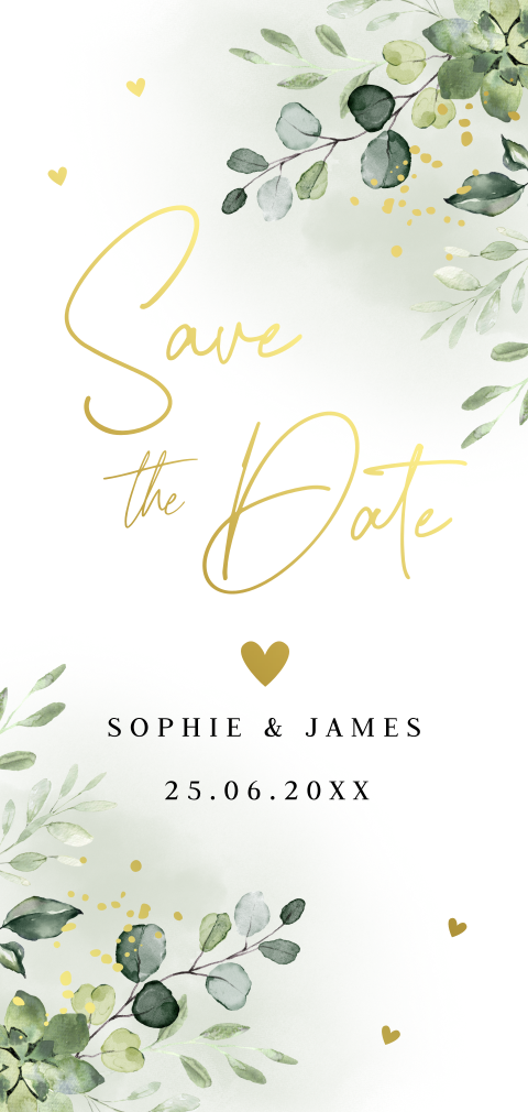 Save the Date kaart floral goudfolie