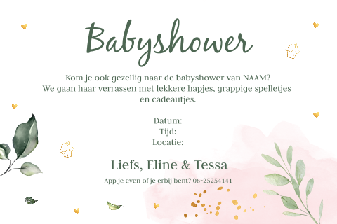 Uitnodiging babyshower floral roze goudlook