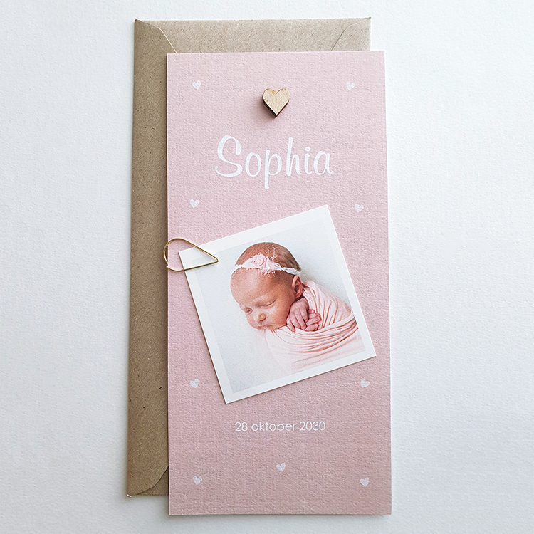 Geboortekaartje DIY roze hartjes fotolabel