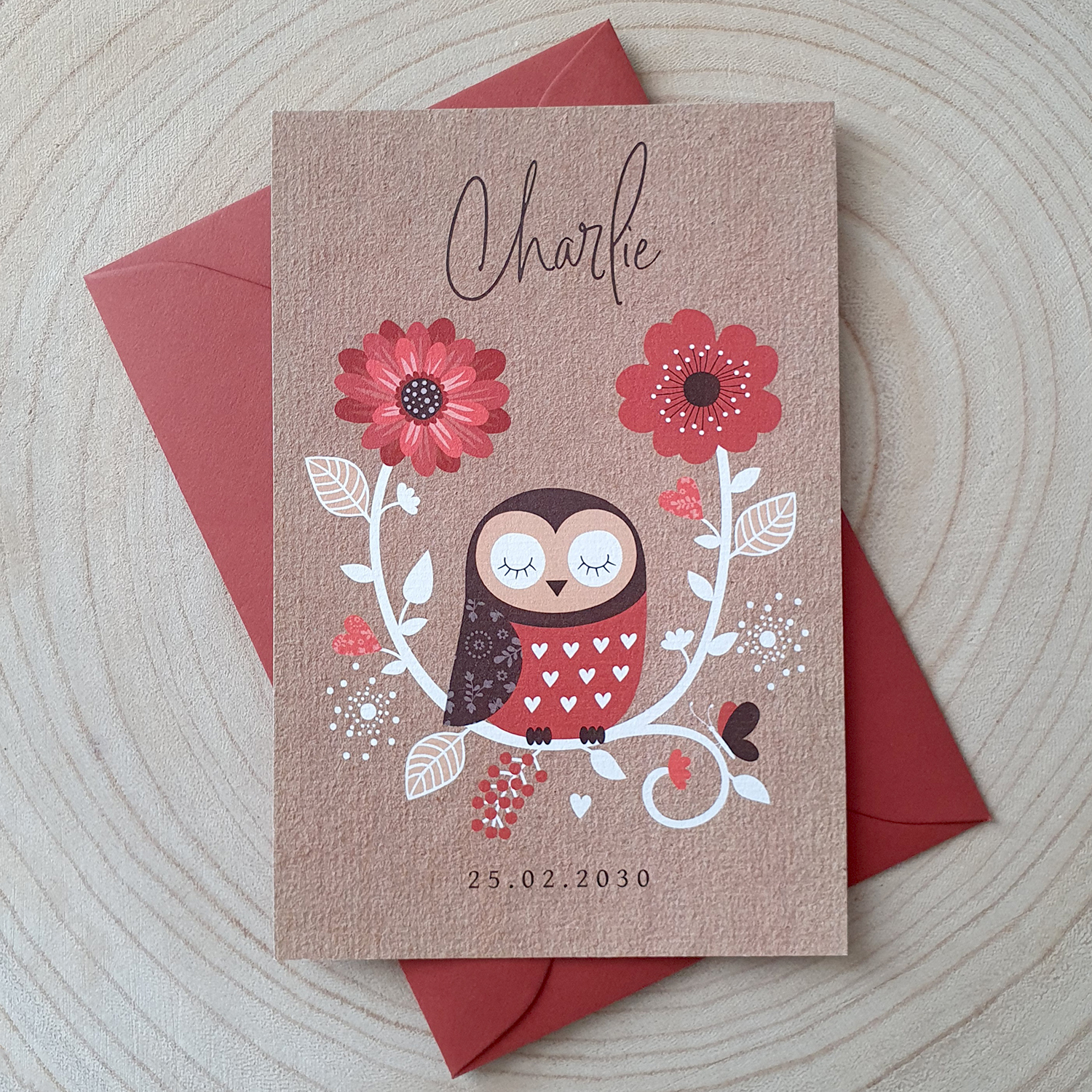 Geboortekaartje meisje uiltje bloemen kraft