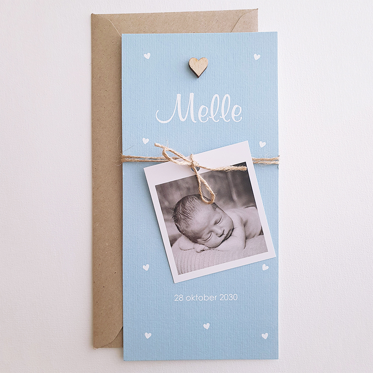 Geboortekaartje DIY blauw hartjes fotolabel