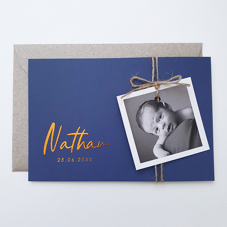 Geboortekaartje jongen blauw fotolabel DIY koperfolie