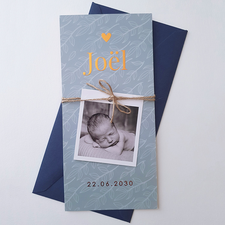 Geboortekaartje DIY blauw jongen fotolabel koperfolie